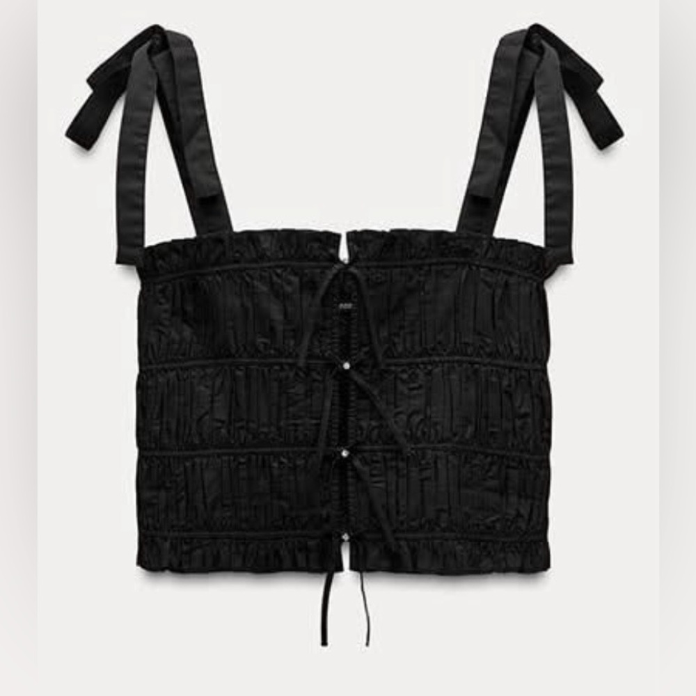 ZARA BNWT Black Ruched Tie Strap Crop Top | Romantic Bow Front Bustier Cami S - Picture 2 of 5